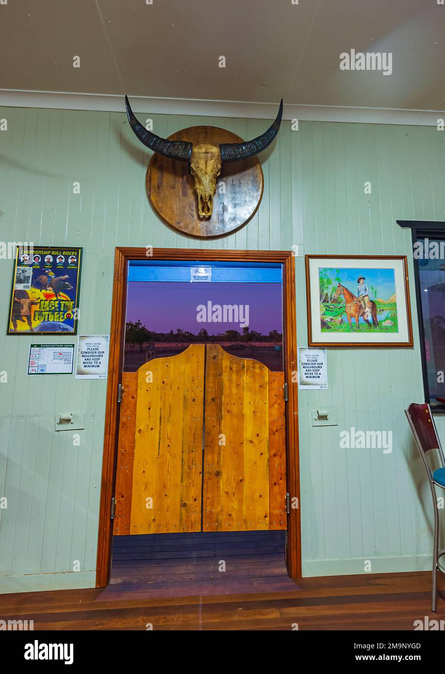 Entrance timber door at the old historic Kalkadoon Hotel, Kijabbi, Queensland, QLD, Australia Stock Photo