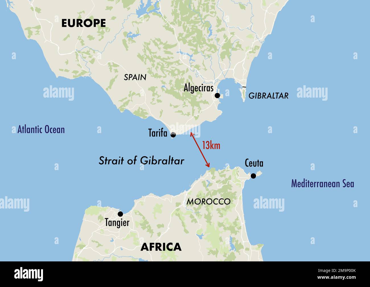 Map of the Gibraltar Strait showing the distance between Europe and Africa Stock Photo
