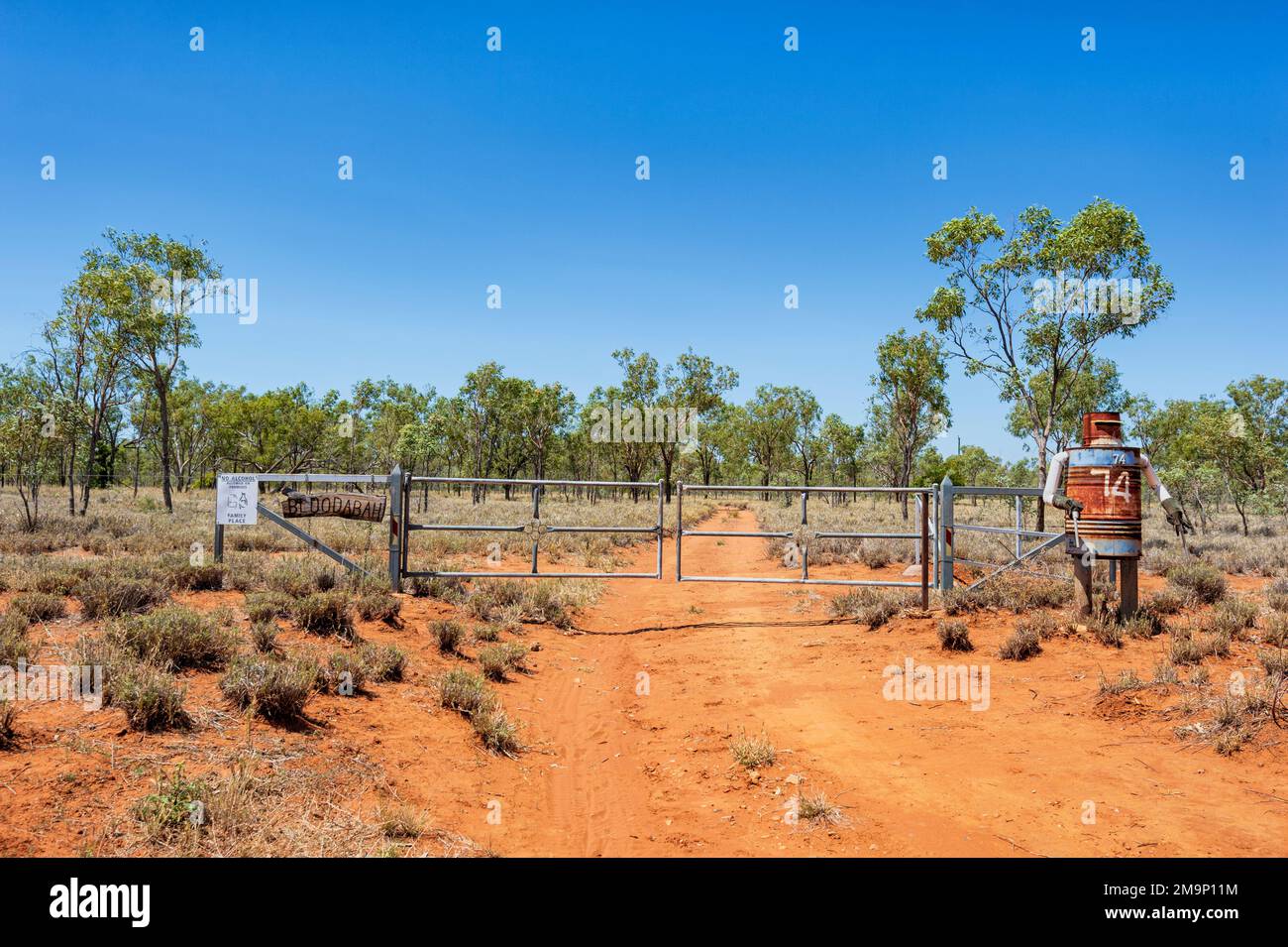 Australian Outback property entrance with Ned Kelly for letterbox