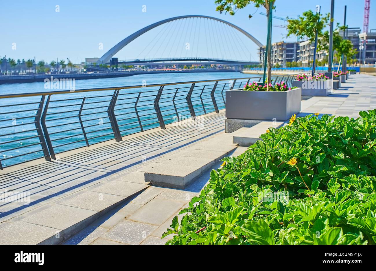 The flower beds and green plants on embankment of Dubai Water Canal