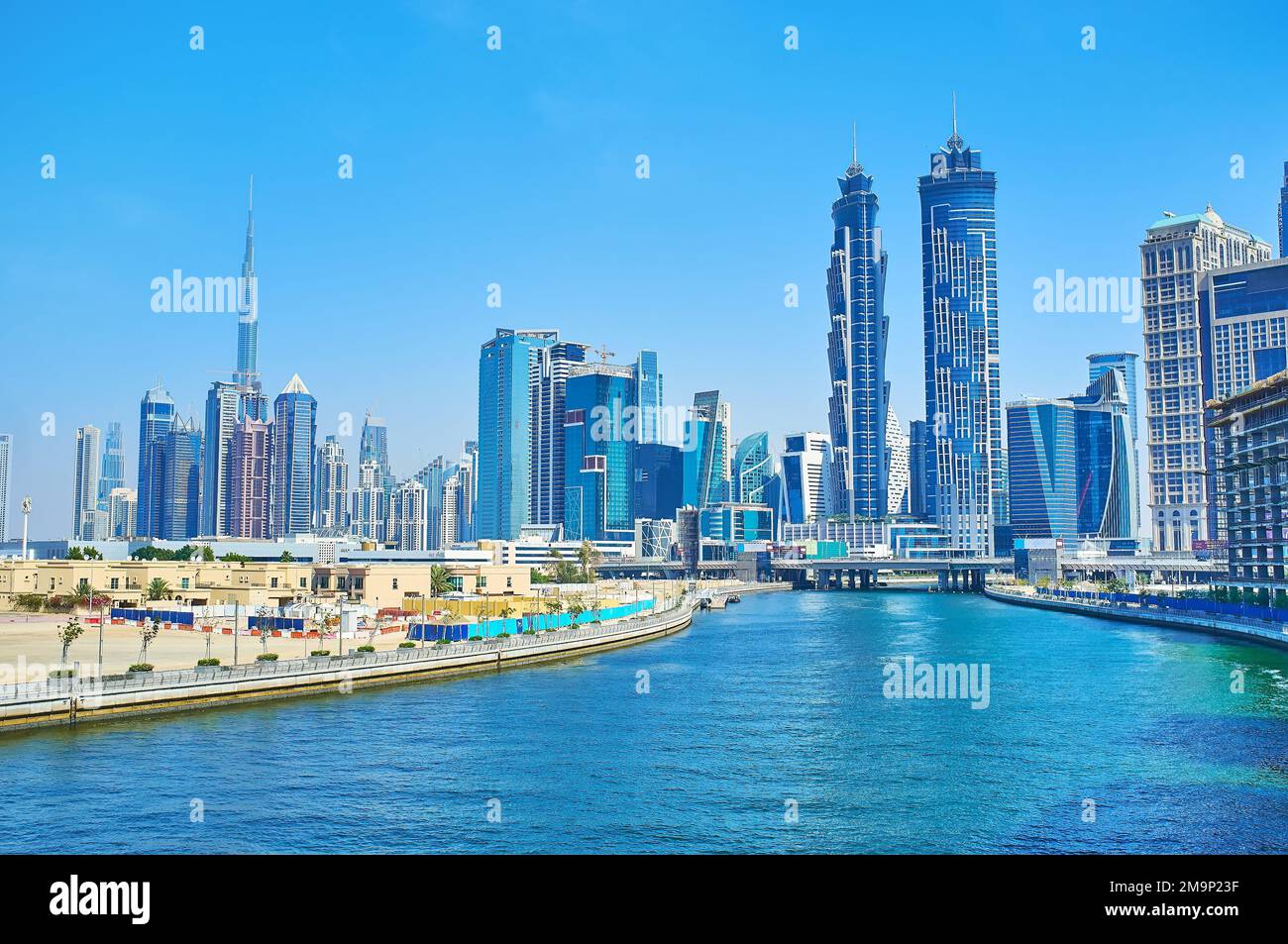 DUBAI, UAE - MARCH 6, 2020: Enjoy the view of the futuristic skyscrapers with JW Mariott Marquis twin towers and Al Habtoor City towers (Noora, Amna a Stock Photo