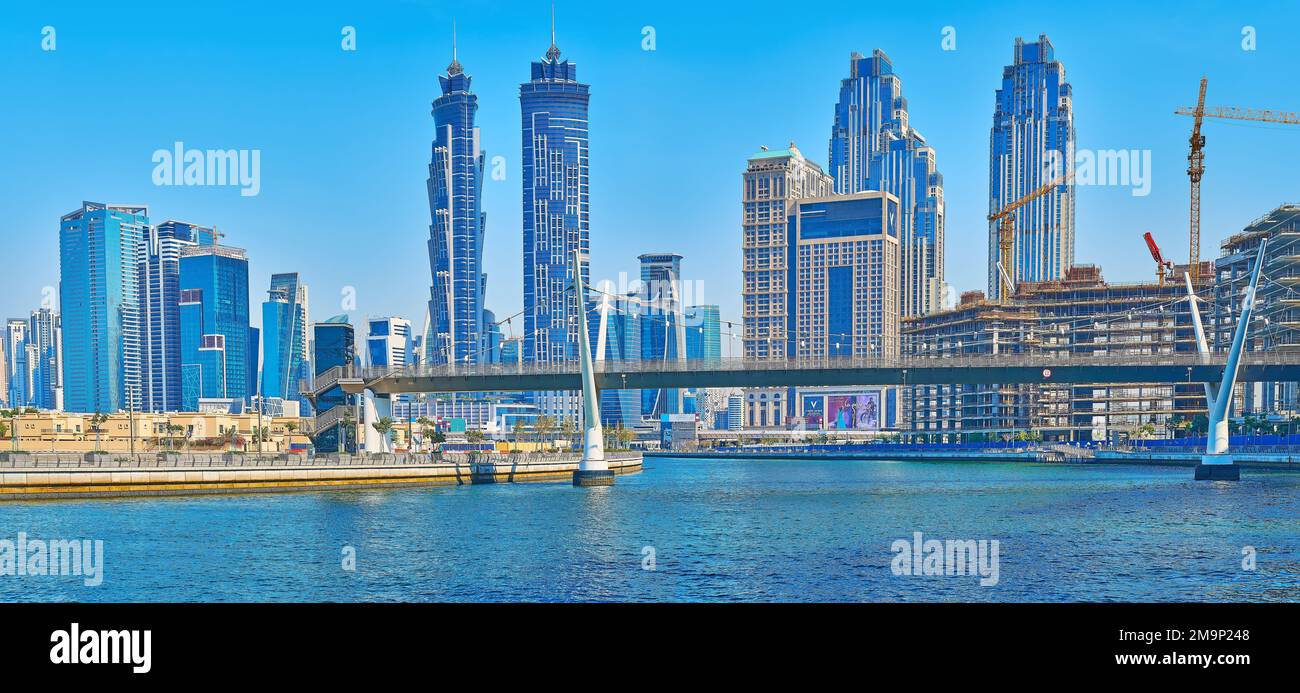 DUBAI, UAE - MARCH 6, 2020: Dubai Water Canal and Safa Bridge against ...