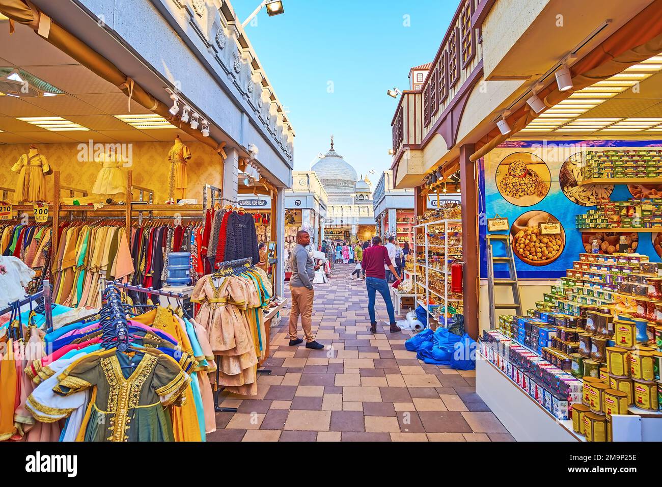 DUBAI, UAE - MARCH 6, 2020: The alleyway with stalls of Turkish goods in Pavilion of Turkey of Global Village Dubai, on March 6 in Dubai Stock Photo