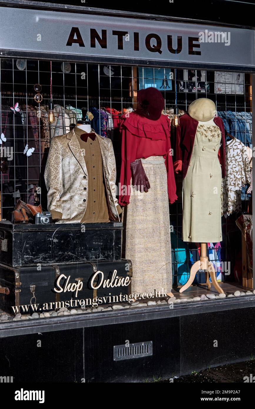 Vintage clothes in the the window of Armstrong's vintage clothing store in Edinburgh, Scotland, UK. Stock Photo