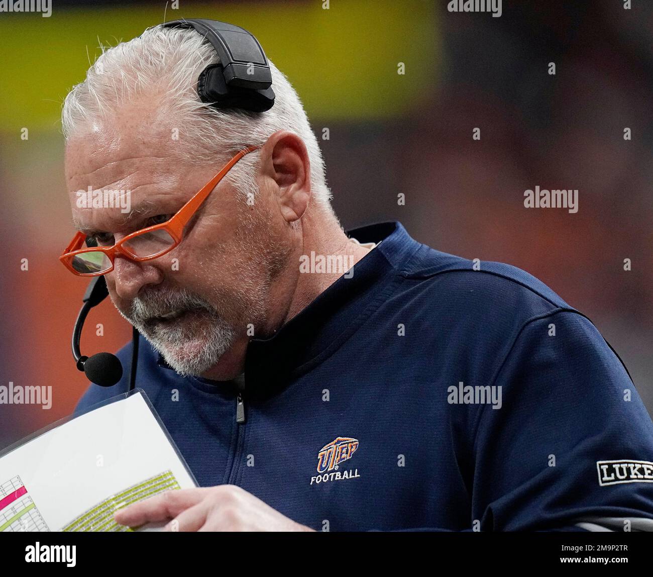 UTEP head coach Dana Dimel looks on from the sideline during the first half  of an NCAA college football game against UTSA in San Antonio, Saturday,  Nov. 26, 2022. (AP Photo/Eric Gay