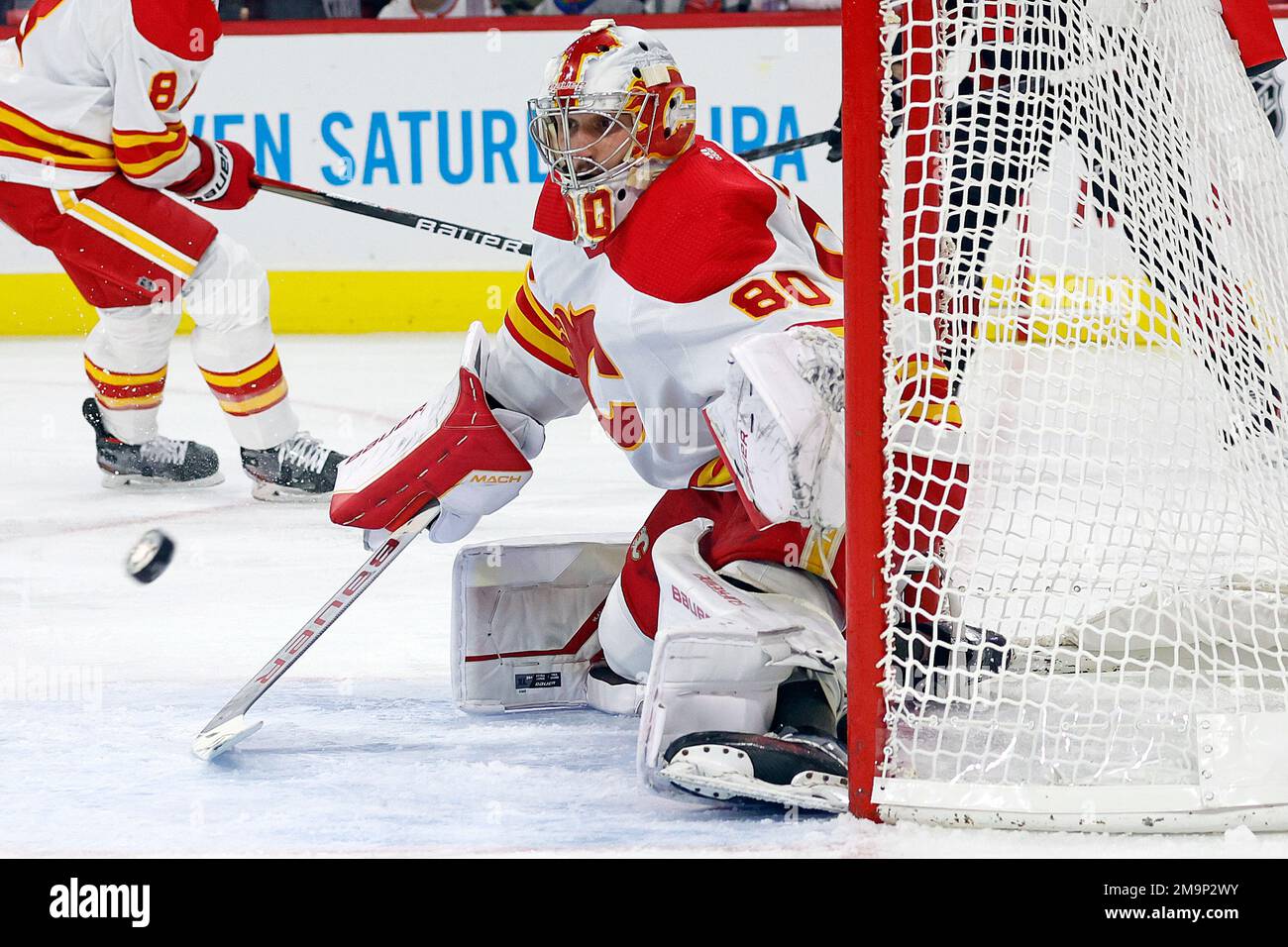 Calgary Flames Dan Vladar (80) watches the puck during the second period of an NHL hockey game against the Carolina Hurricanes in Raleigh, N.C., Saturday, Nov