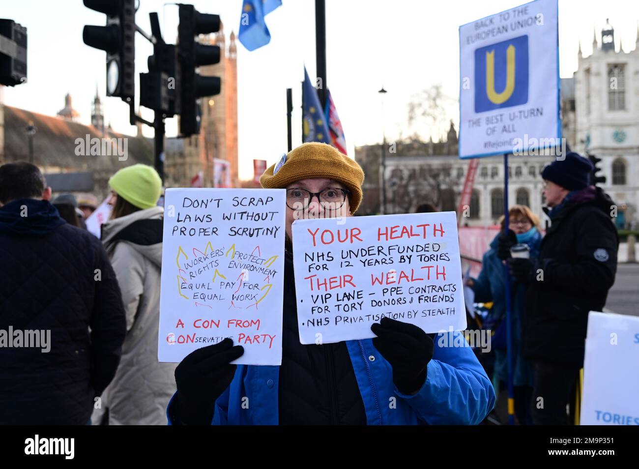 Westminster, London, England, UK. January 18 2023. Brexit is not working rejoin EU. The ruin of the NHS, the cost of living crisis, food security actually, everything goes wrong. Credit: See Li/Picture Capital/Alamy Live News Stock Photo