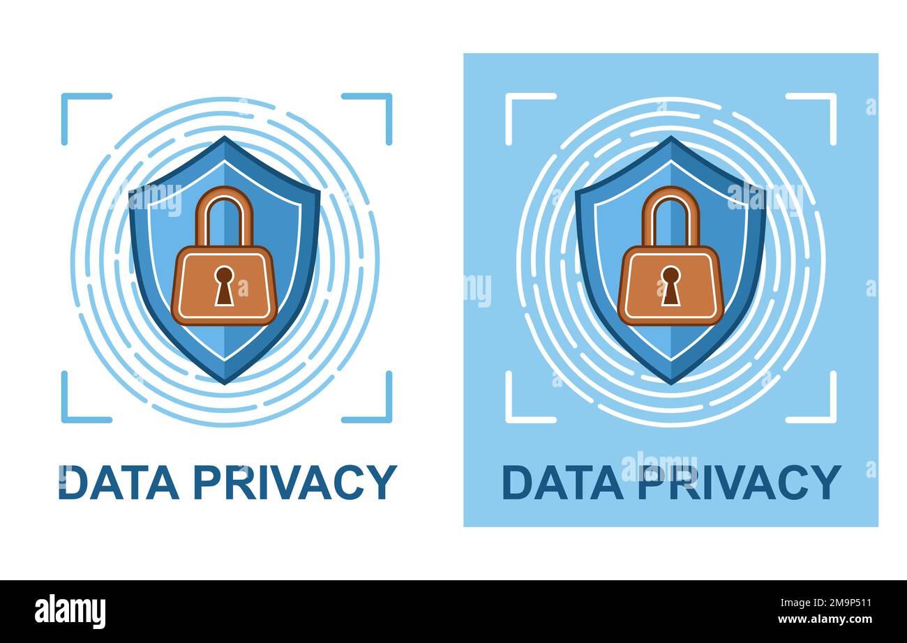 Shield data privacy protection, cyber security, fingerprint scan person identification icon. Confidential private information protect system. Vector Stock Vector