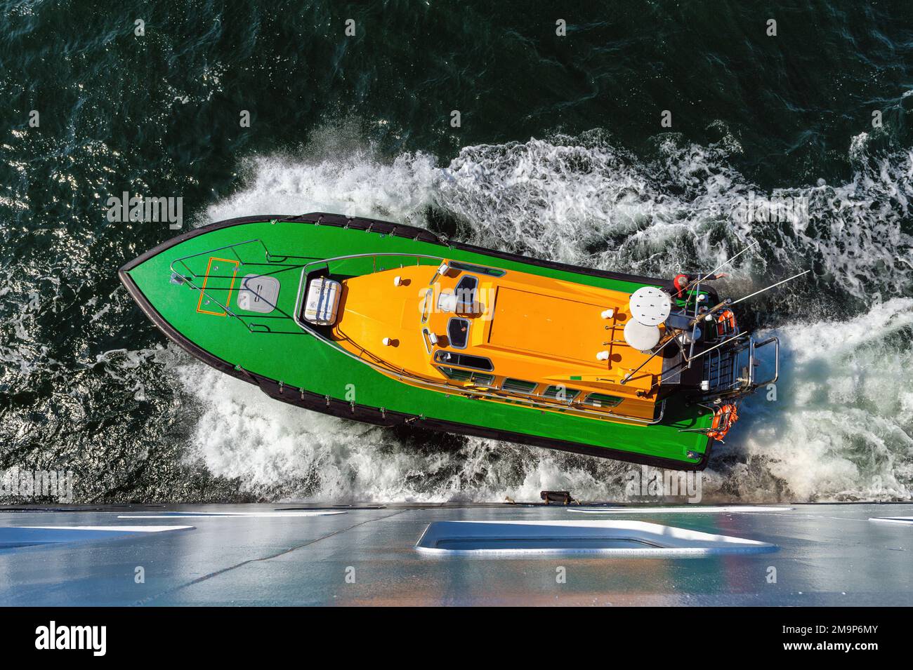 A birds-eye view of the Danish pilot boat Ursula at Ronne on the Island of Bornholm. Stock Photo