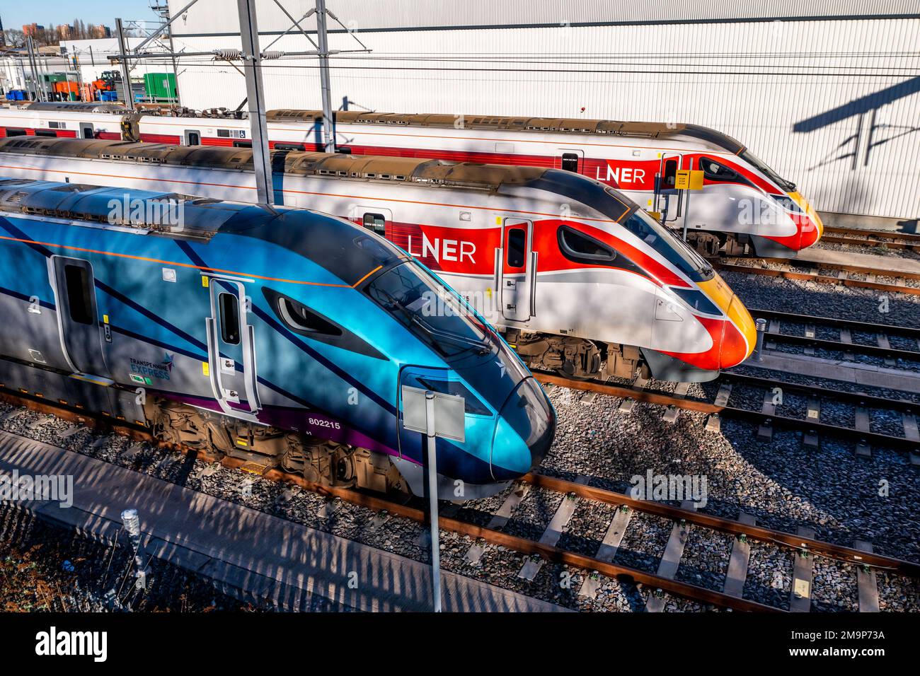 Aerial view of unused passenger trains stabled in sidings from LNER and Trans Pennine Express during the rail workers strike and industrial action Stock Photo