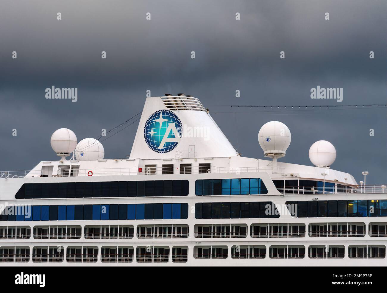 The Azamara Club Cruises logo on the funnel of the cruise ship Azamara Quest. Stock Photo