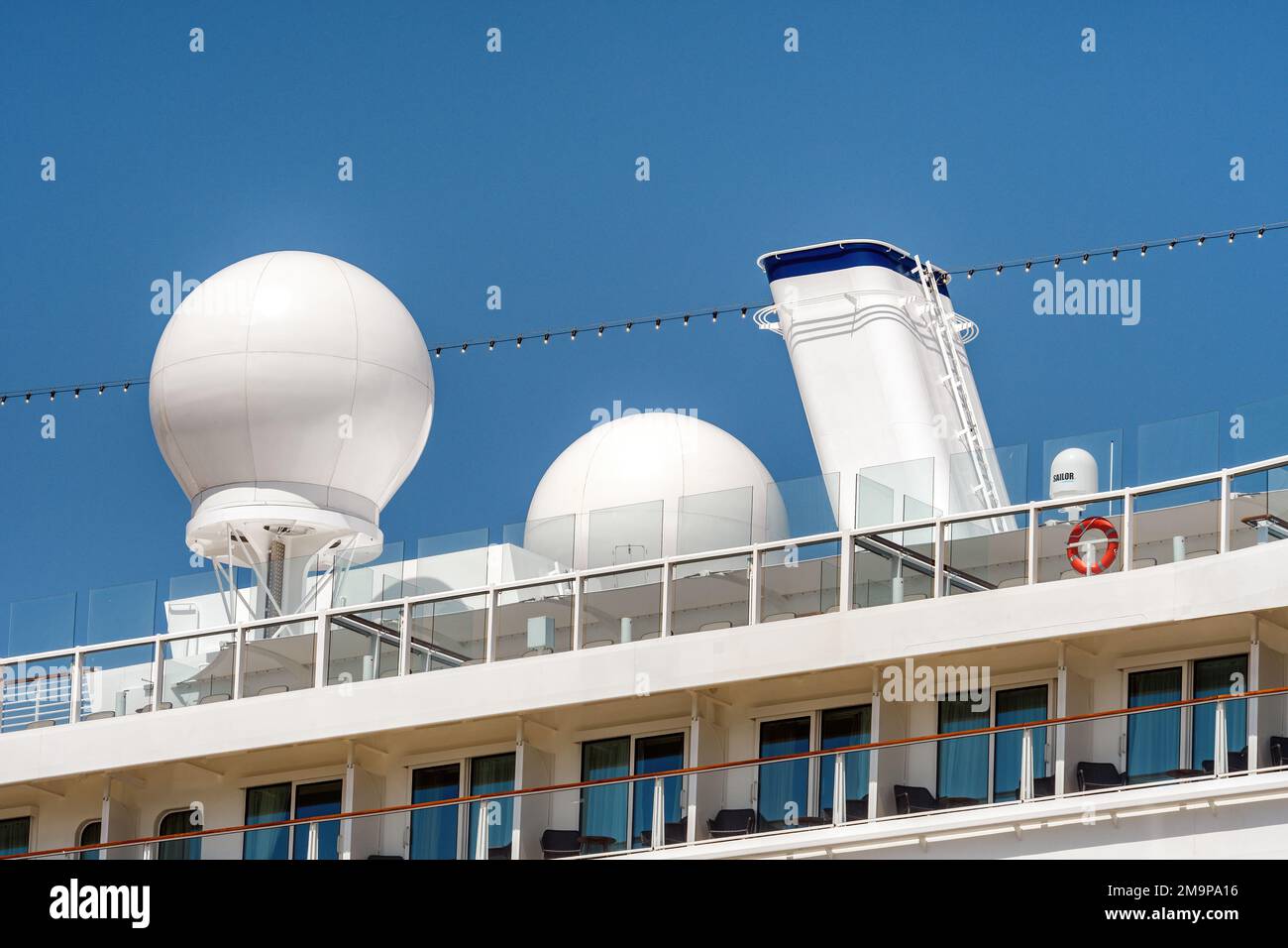 Satellite communication equipment on board a cruise ship. Stock Photo