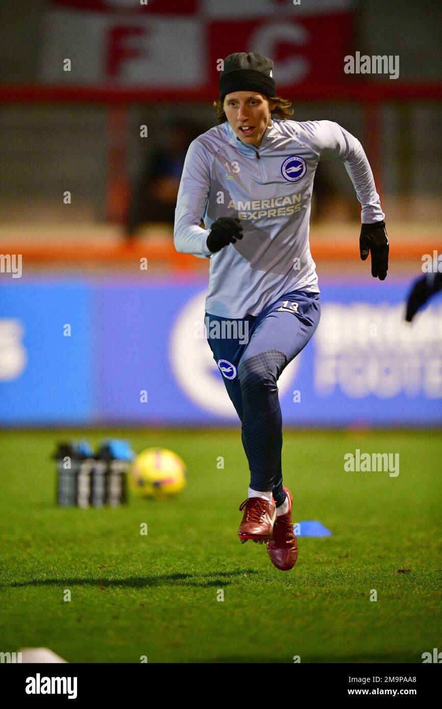 Crawley, UK. 18th Jan, 2023. Rebekah Stott of Brighton and Hove Albion warms up before the FA Women's League Cup Group C match between Brighton & Hove Albion Women and West Ham United Ladies at The People's Pension Stadium on January 18th 2023 in Crawley, United Kingdom. (Photo by Jeff Mood/phcimages.com) Credit: PHC Images/Alamy Live News Stock Photo