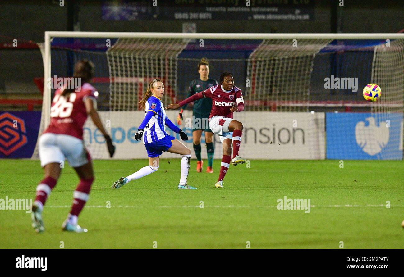 Crawley, UK. 18th Jan, 2023. Kayleigh Green of Brighton and Hove Albion and Viviane Asseyi of West Ham United during the FA Women's League Cup Group C match between Brighton & Hove Albion Women and West Ham United Ladies at The People's Pension Stadium on January 18th 2023 in Crawley, United Kingdom. (Photo by Jeff Mood/phcimages.com) Credit: PHC Images/Alamy Live News Stock Photo