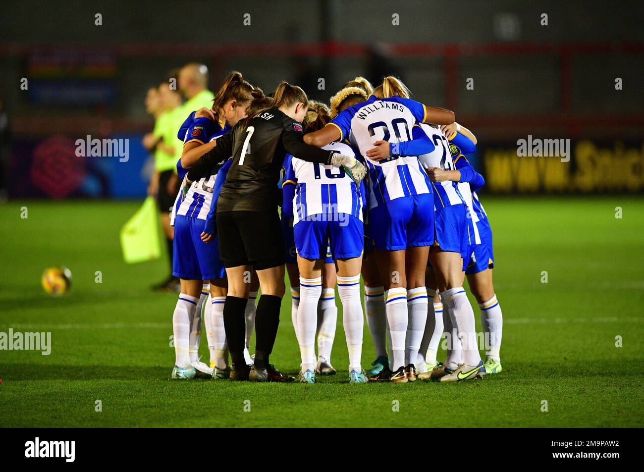 Crawley, UK. 18th Jan, 2023. Brighton players huddle before the FA Women's League Cup Group C match between Brighton & Hove Albion Women and West Ham United Ladies at The People's Pension Stadium on January 18th 2023 in Crawley, United Kingdom. (Photo by Jeff Mood/phcimages.com) Credit: PHC Images/Alamy Live News Stock Photo