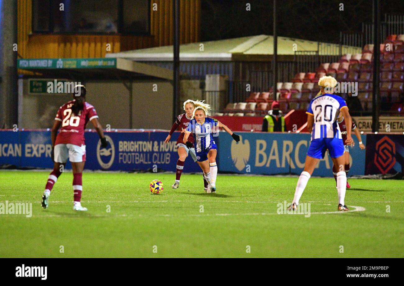 Crawley, UK. 18th Jan, 2023. Katie Robinson of Brighton and Hove Albion makes a run with the ball during the FA Women's League Cup Group C match between Brighton & Hove Albion Women and West Ham United Ladies at The People's Pension Stadium on January 18th 2023 in Crawley, United Kingdom. (Photo by Jeff Mood/phcimages.com) Credit: PHC Images/Alamy Live News Stock Photo