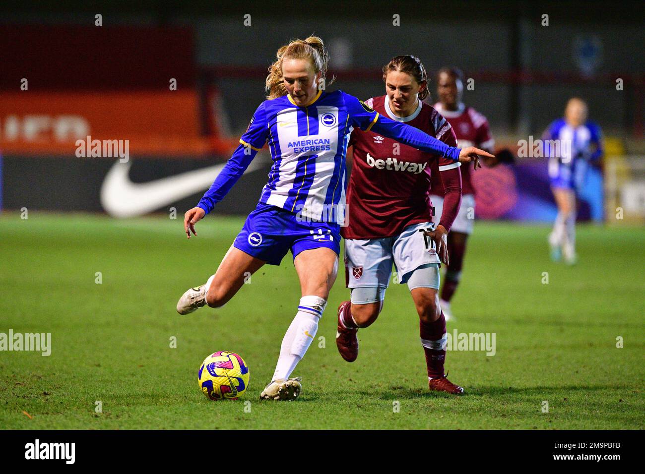 Crawley, UK. 18th Jan, 2023. Zoe Morse of Brighton and Hove Albion and Mel Filis of West Ham United during the FA Women's League Cup Group C match between Brighton & Hove Albion Women and West Ham United Ladies at The People's Pension Stadium on January 18th 2023 in Crawley, United Kingdom. (Photo by Jeff Mood/phcimages.com) Credit: PHC Images/Alamy Live News Stock Photo