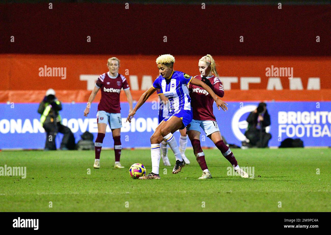 Crawley, UK. 18th Jan, 2023. Victoria Williams of Brighton and Hove Albion and Izzy Atkinson of West Ham United during the FA Women's League Cup Group C match between Brighton & Hove Albion Women and West Ham United Ladies at The People's Pension Stadium on January 18th 2023 in Crawley, United Kingdom. (Photo by Jeff Mood/phcimages.com) Credit: PHC Images/Alamy Live News Stock Photo