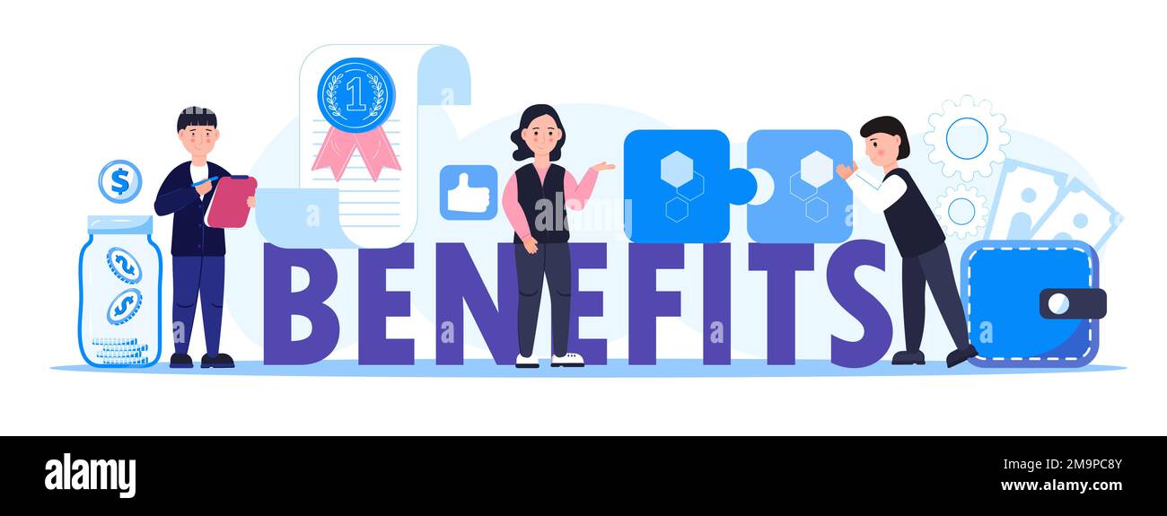 Benefits for worker, buyer. Employee, teamwork benefits package vector for web, UI, banner