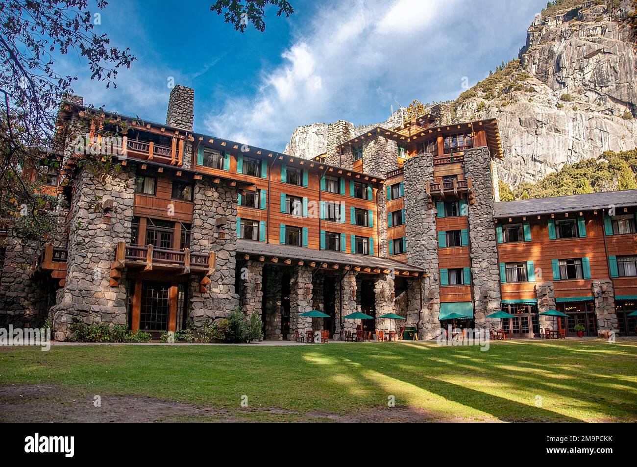 The beautiful Yosemite Valley Lodge beneath the towering cliffs of