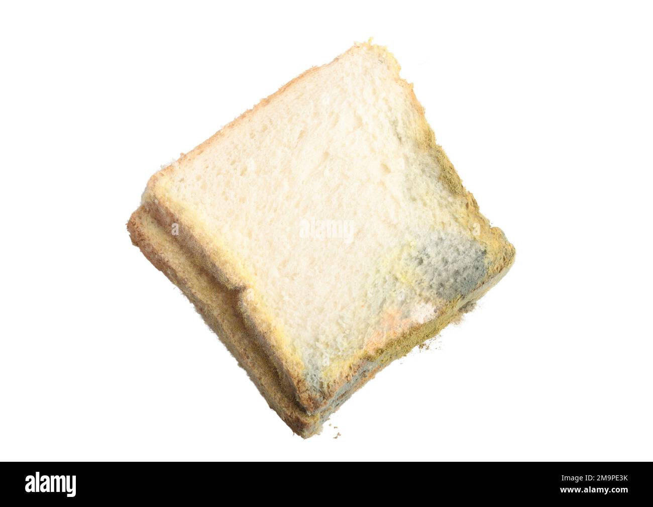 Moldy slices of bread on a white background Stock Photo