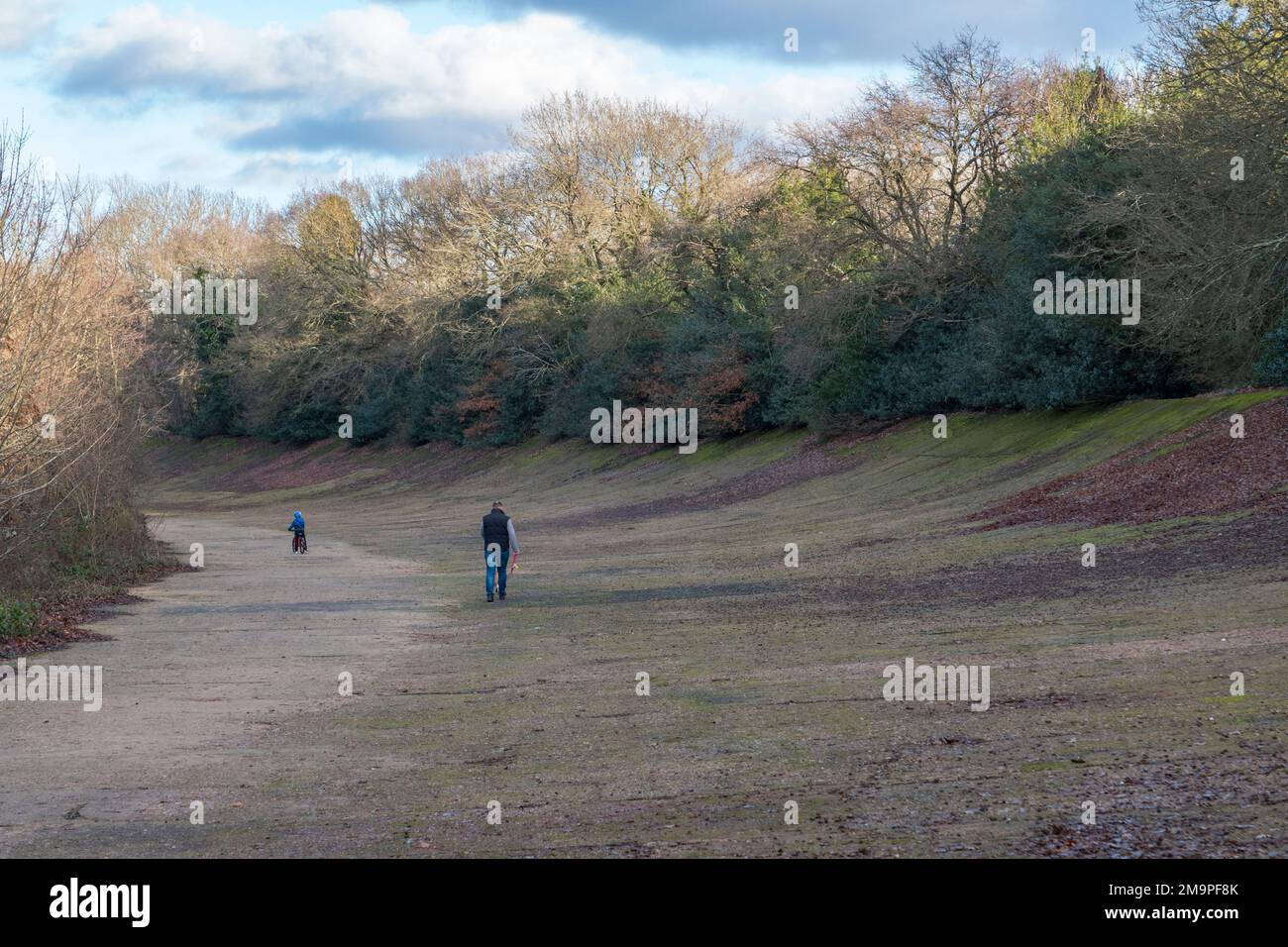 View along part of the historic banked race track at Brooklands, Surrey, UK. Stock Photo