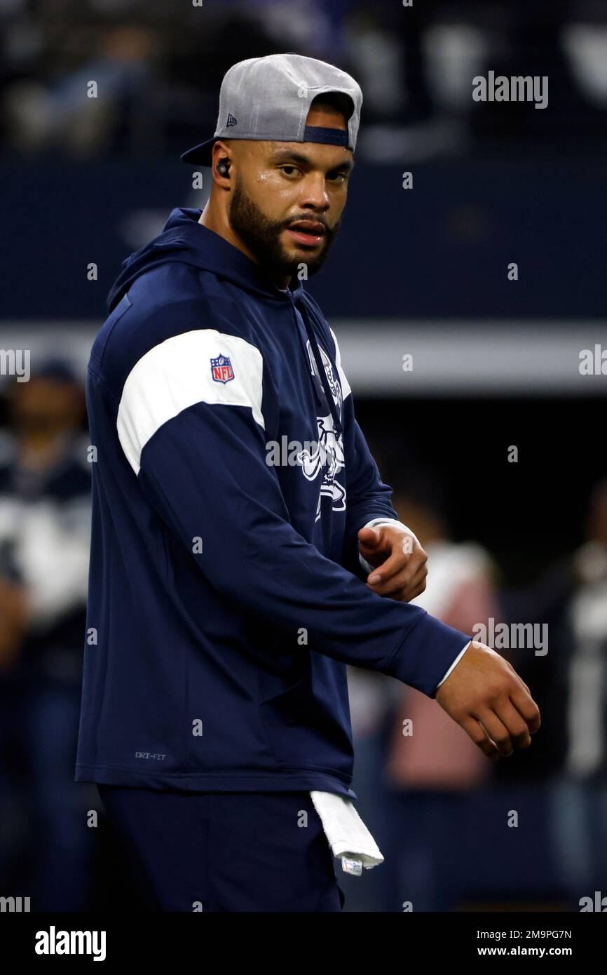 Dallas Cowboys quarterback Dak Prescott stands in the end zone before the  start of an NFL football game against the New York Giants in Arlington,  Texas, Sunday, Oct. 10, 2021. (AP Photo/Roger