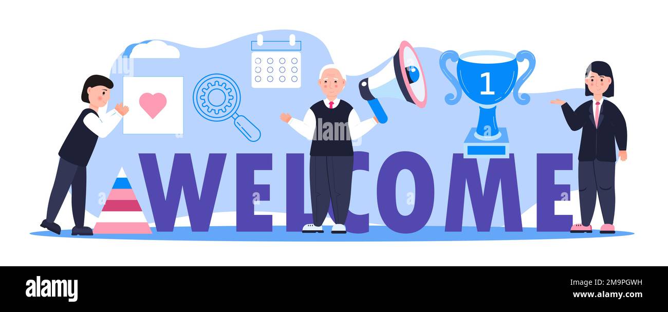 Welcome concept flat vector foe website. Cartoon office teamwork and are greeting clients in online office, shop, co-working. Stock Vector