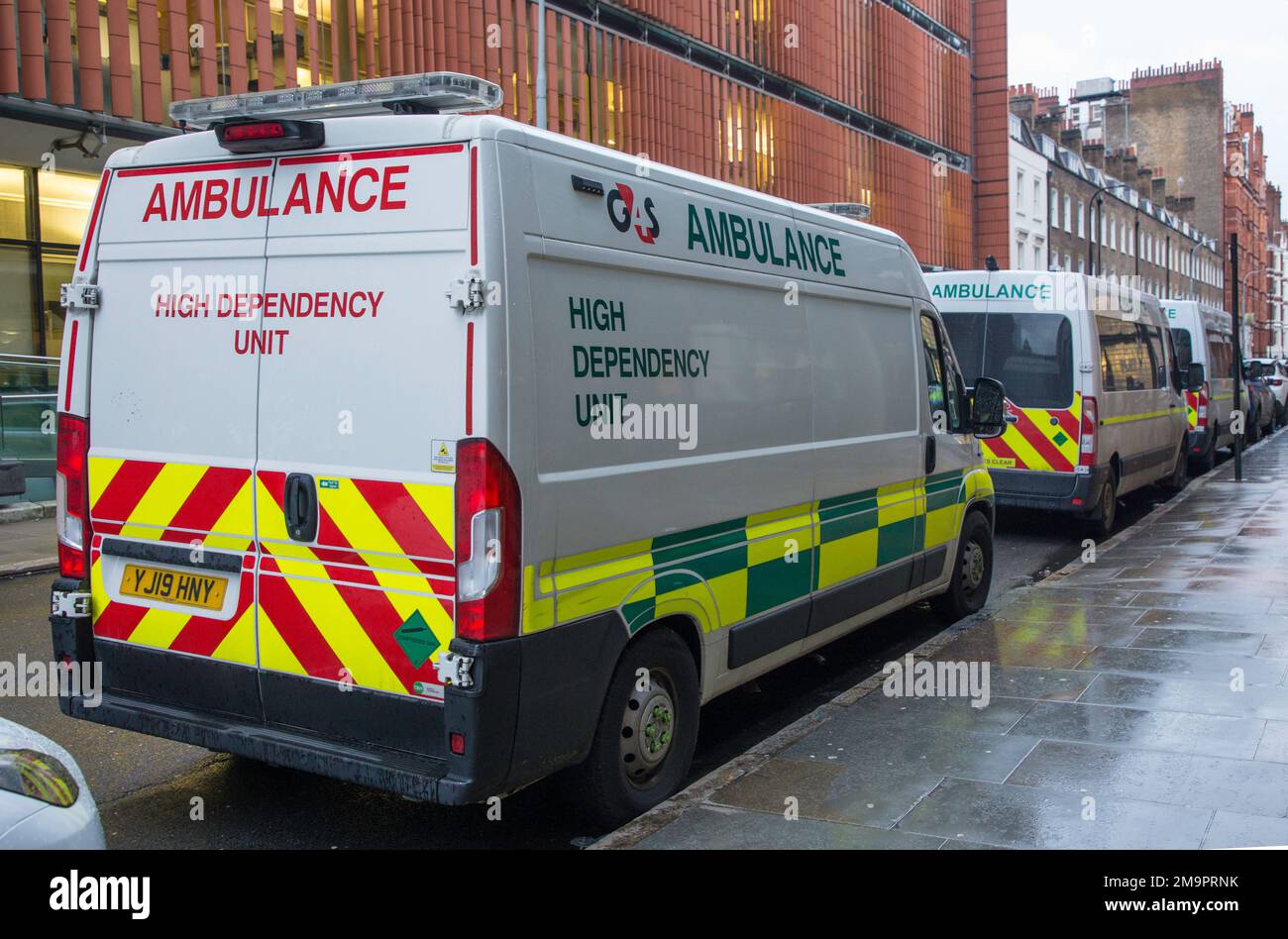 London NHS Ambulances waiting outside of University College Hospital