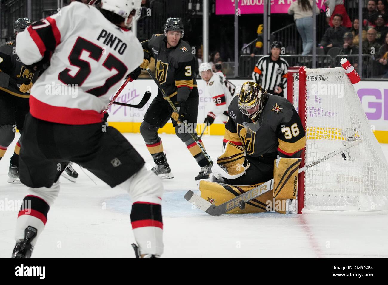 Vegas Golden Knights goaltender Logan Thompson (36) blocks a shot by ...