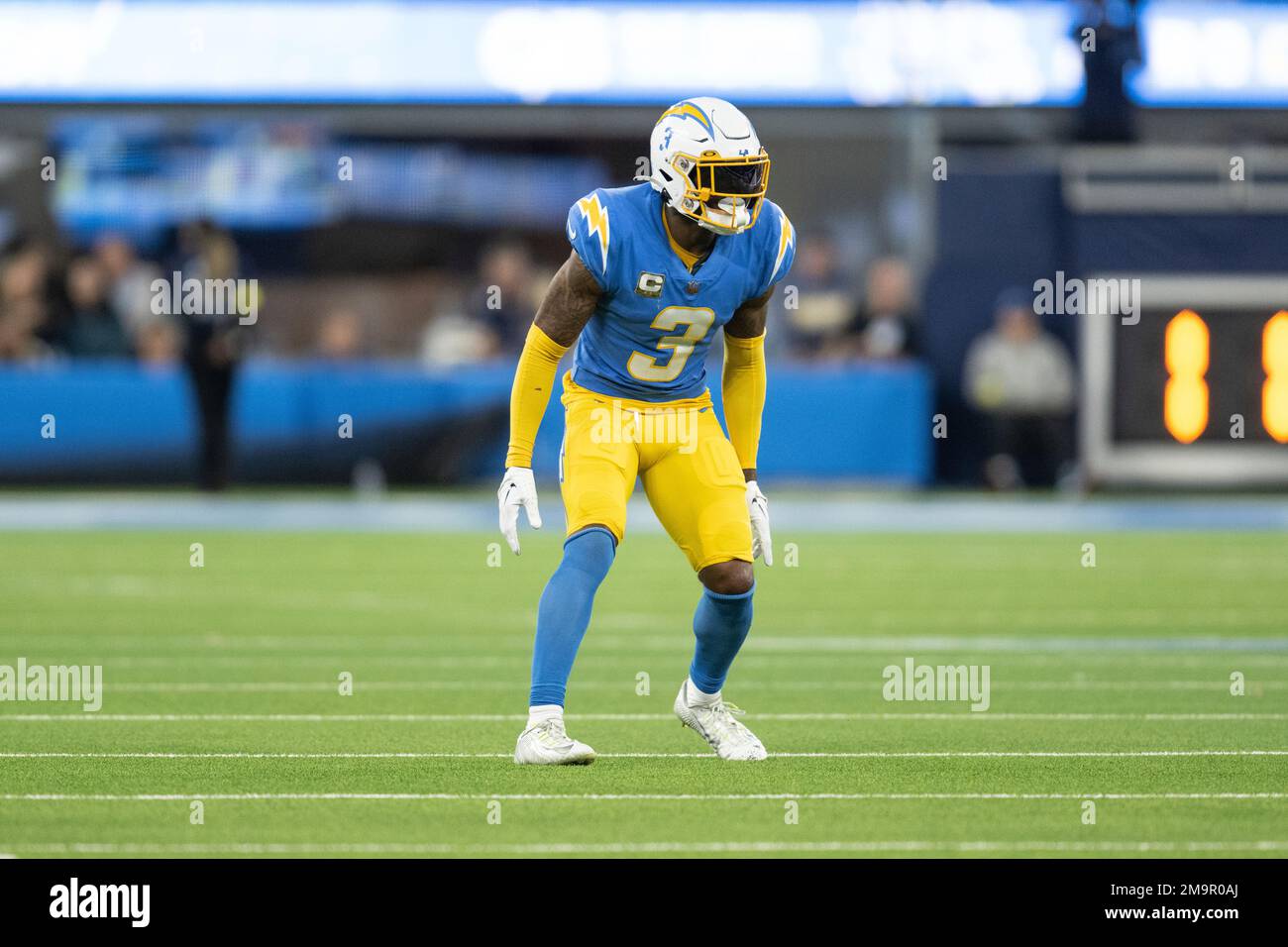 Los Angeles Chargers safety Derwin James Jr. (3) looks into the backfield  during an NFL football game against the San Francisco 49ers, Sunday,  Nov.13, 2022, in Santa Clara, Calif. (AP Photo/Scot Tucker