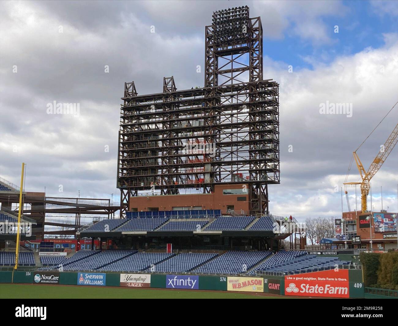 A new scoreboard is shown under construction at Citizens Bank Park