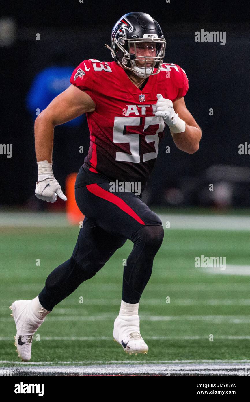 Atlanta Falcons linebacker Nick Kwiatkoski (53) lines up during the first  half of an NFL football game against the Los Angeles Chargers, Sunday, Nov.  6, 2022, in Atlanta. The Los Angeles Chargers