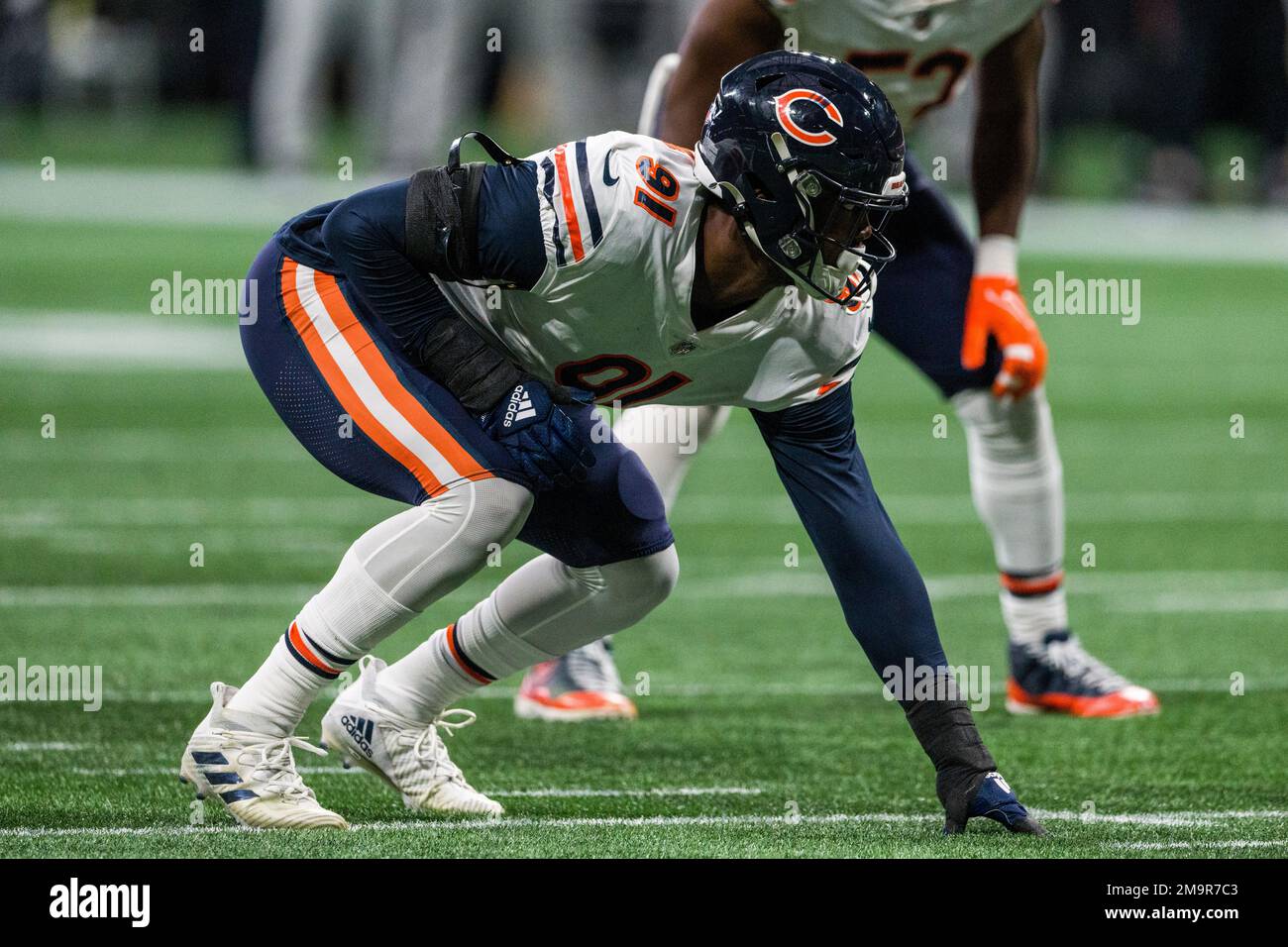 Chicago Bears defensive end Dominique Robinson (91) blocks a field goal  attempt by Minnesota Vikings place kicker Greg Joseph (1) during the second  half of an NFL football game Sunday, Oct. 9