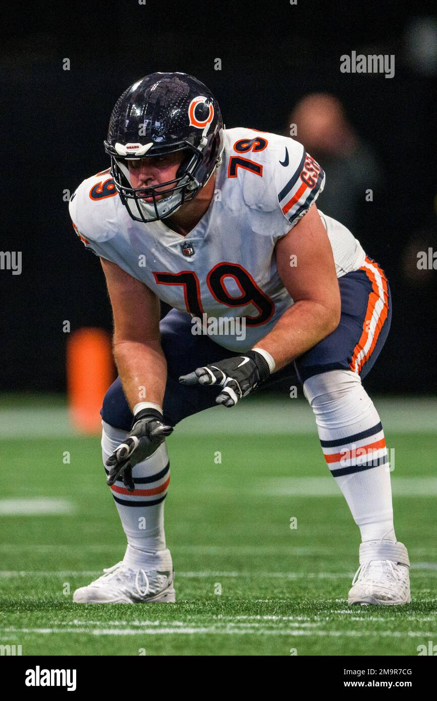 Chicago Bears guard Michael Schofield III (79) works during the first half  of an NFL football game against the Atlanta Falcons, Sunday, Nov. 20, 2022,  in Atlanta. The Atlanta Falcons won 27-24. (