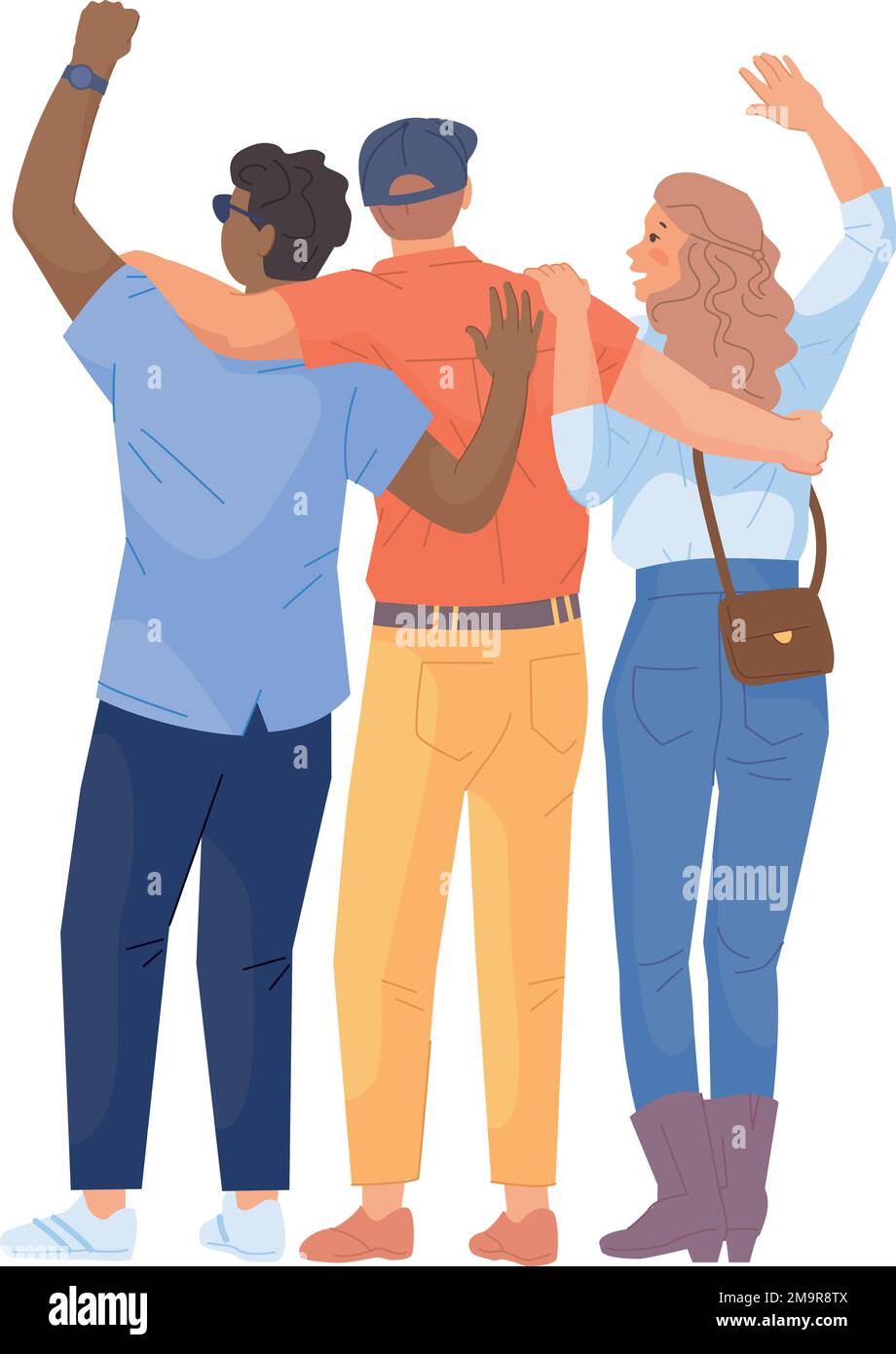 Friend hug rear view. People together. Teamwork concept isolated on white background Stock Vector