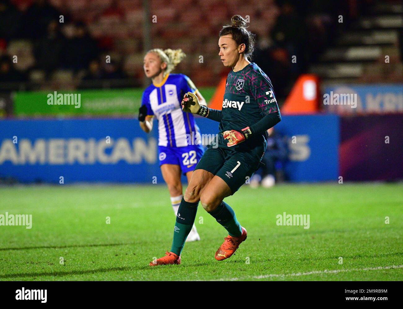 Crawley, UK. 18th Jan, 2023. Mackenzie Arnold Goalkeeper of West Ham United clears her lines during the FA Women's League Cup Group C match between Brighton & Hove Albion Women and West Ham United Ladies at The People's Pension Stadium on January 18th 2023 in Crawley, United Kingdom. (Photo by Jeff Mood/phcimages.com) Credit: PHC Images/Alamy Live News Stock Photo