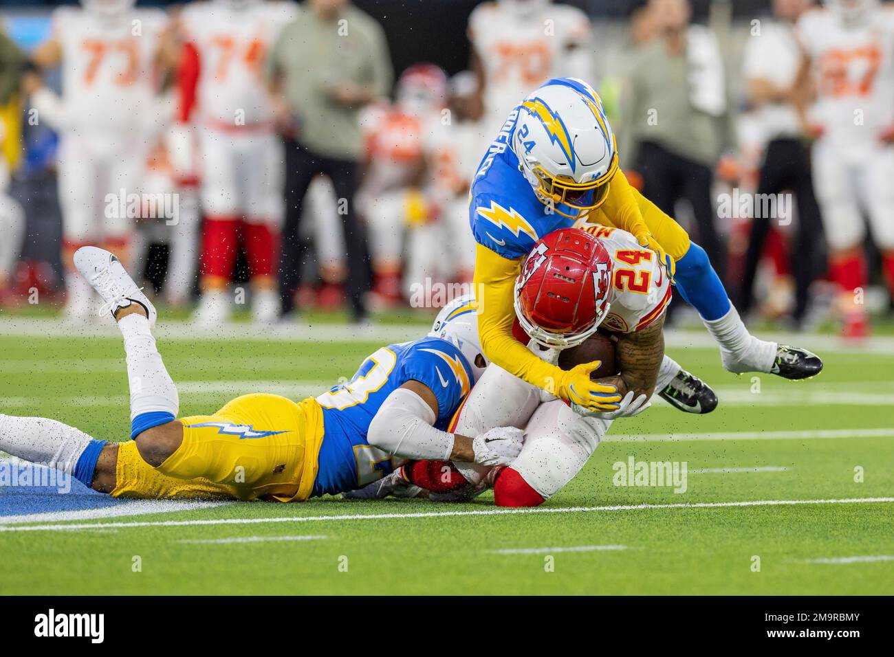 Los Angeles Chargers safety Nasir Adderley (24) makes a tackle