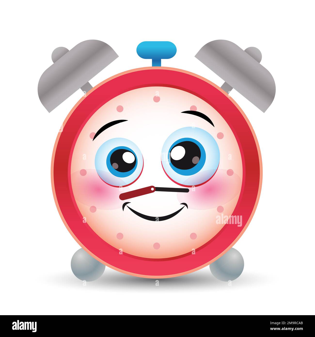 Cartoon joyful alarm mascot on white background. Funny comic red alarm