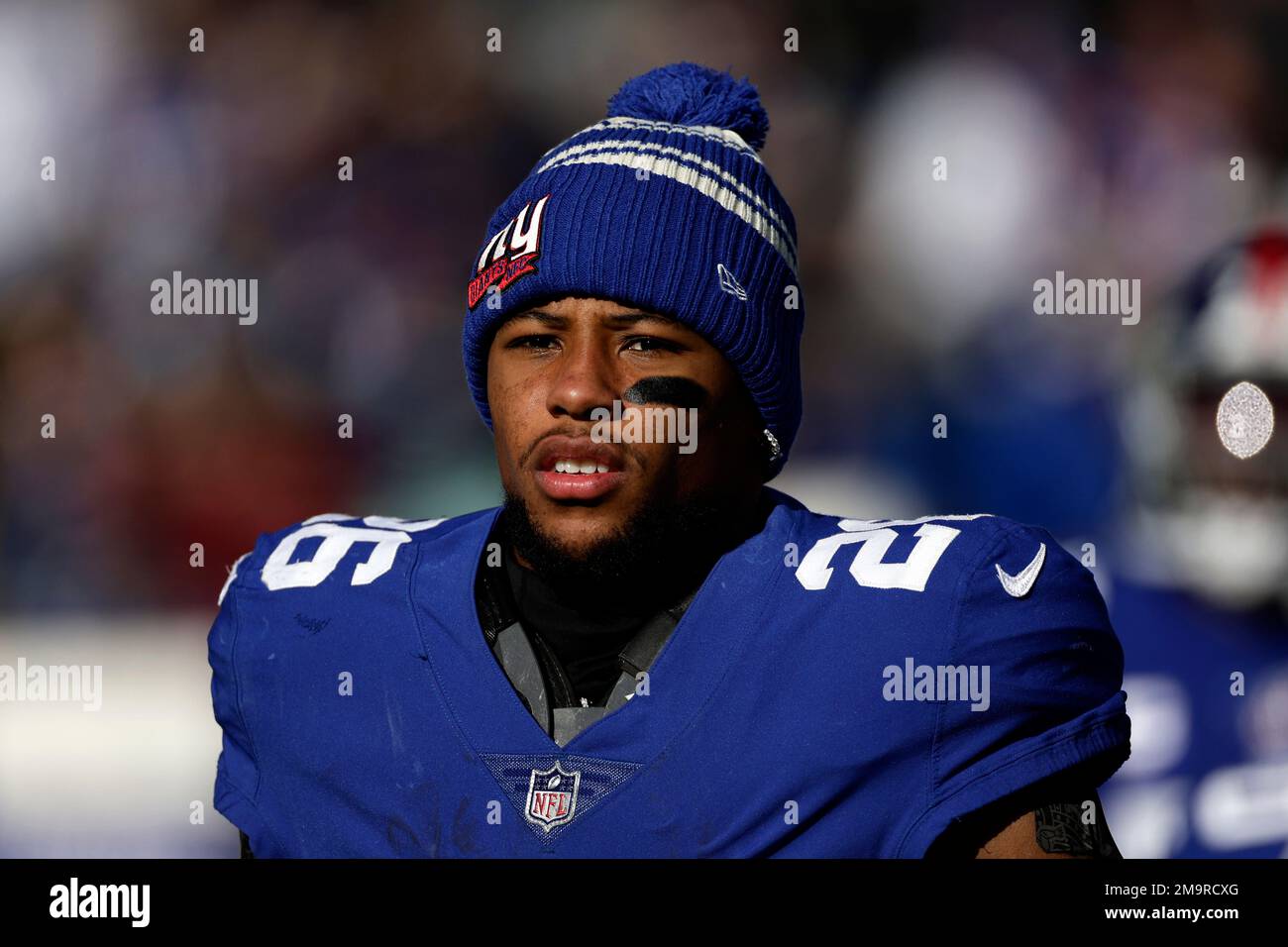 New York Giants running back Saquon Barkley (26) takes the field to face  the Detroit Lions in an NFL football game Sunday, Nov. 20, 2022, in East  Rutherford, N.J. (AP Photo/Adam Hunger