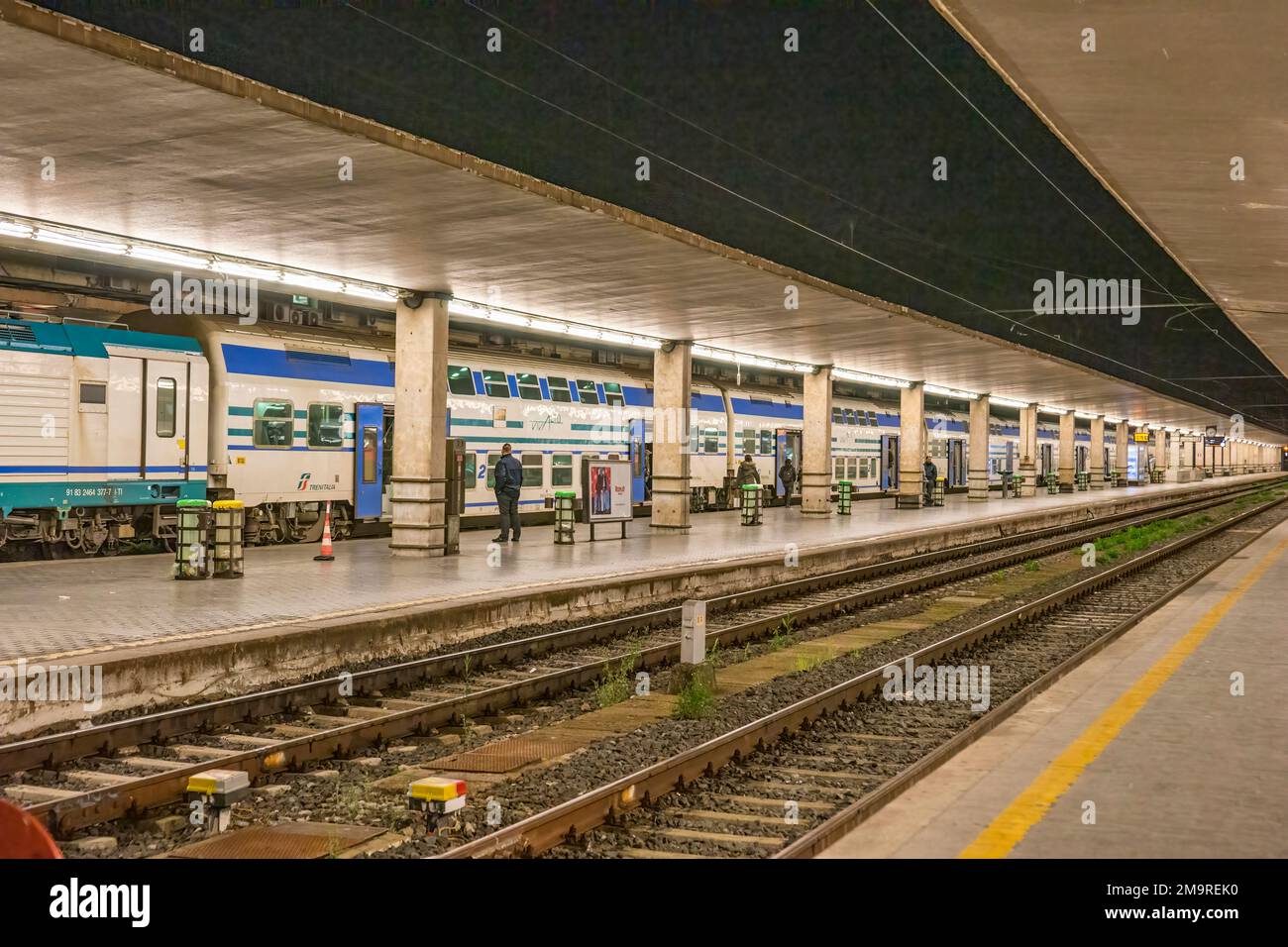 Passengers boarding a night train at the Florence Santa Maria Novella Station in Florence, Italy. Stock Photo