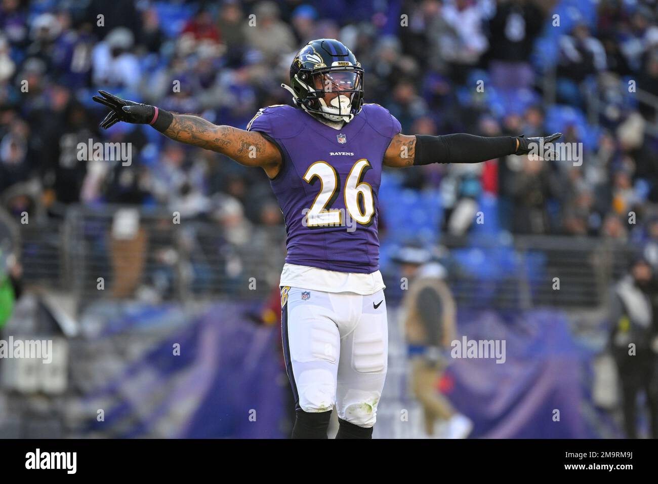 Baltimore Ravens safety Geno Stone (26) gestures after an incomplete pass  during the second half of