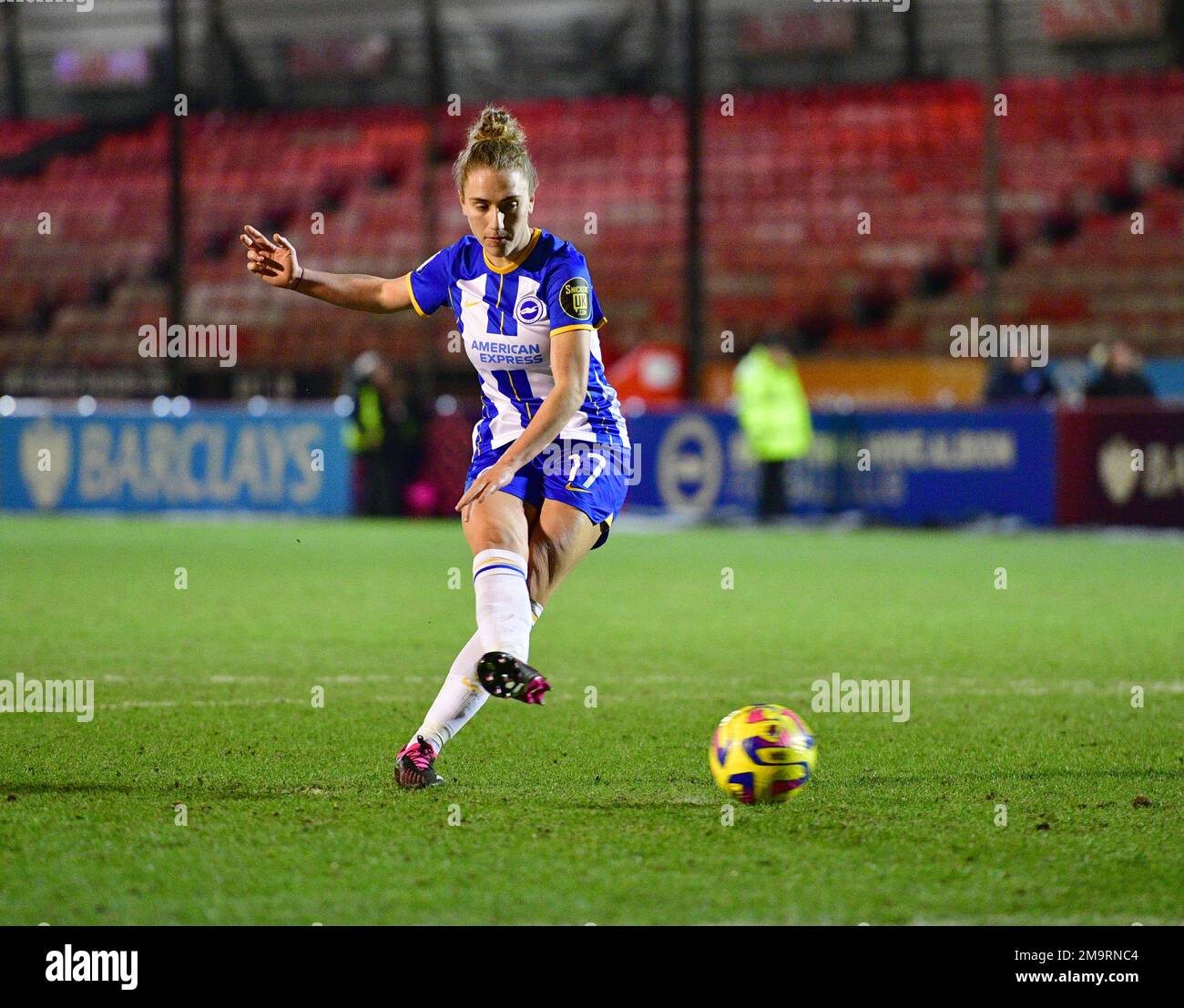 Crawley, UK. 18th Jan, 2023. Following a 0-0 score-line the game goes to penalties. Maisie Symonds of Brighton and Hove Albion steps up to make it 1-0 during the FA Women's League Cup Group C match between Brighton & Hove Albion Women and West Ham United Ladies at The People's Pension Stadium on January 18th 2023 in Crawley, United Kingdom. (Photo by Jeff Mood/phcimages.com) Credit: PHC Images/Alamy Live News Stock Photo