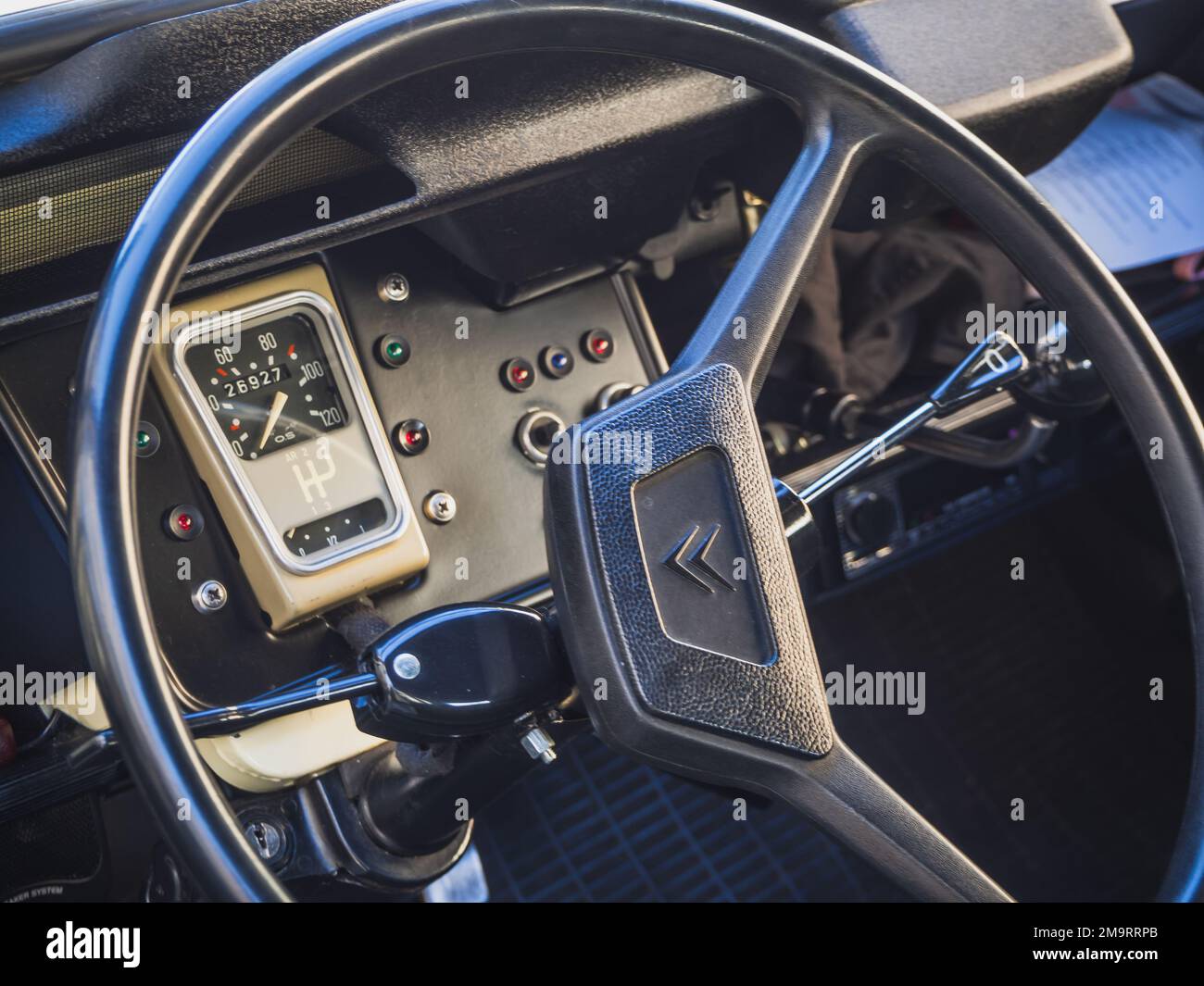 Loriol sur Drome, France - 17 September, 2022: Vintage beige Citroen 2CV with fabric hinged top. Classic car exhibition in Loriol sur Drome, France. Stock Photo