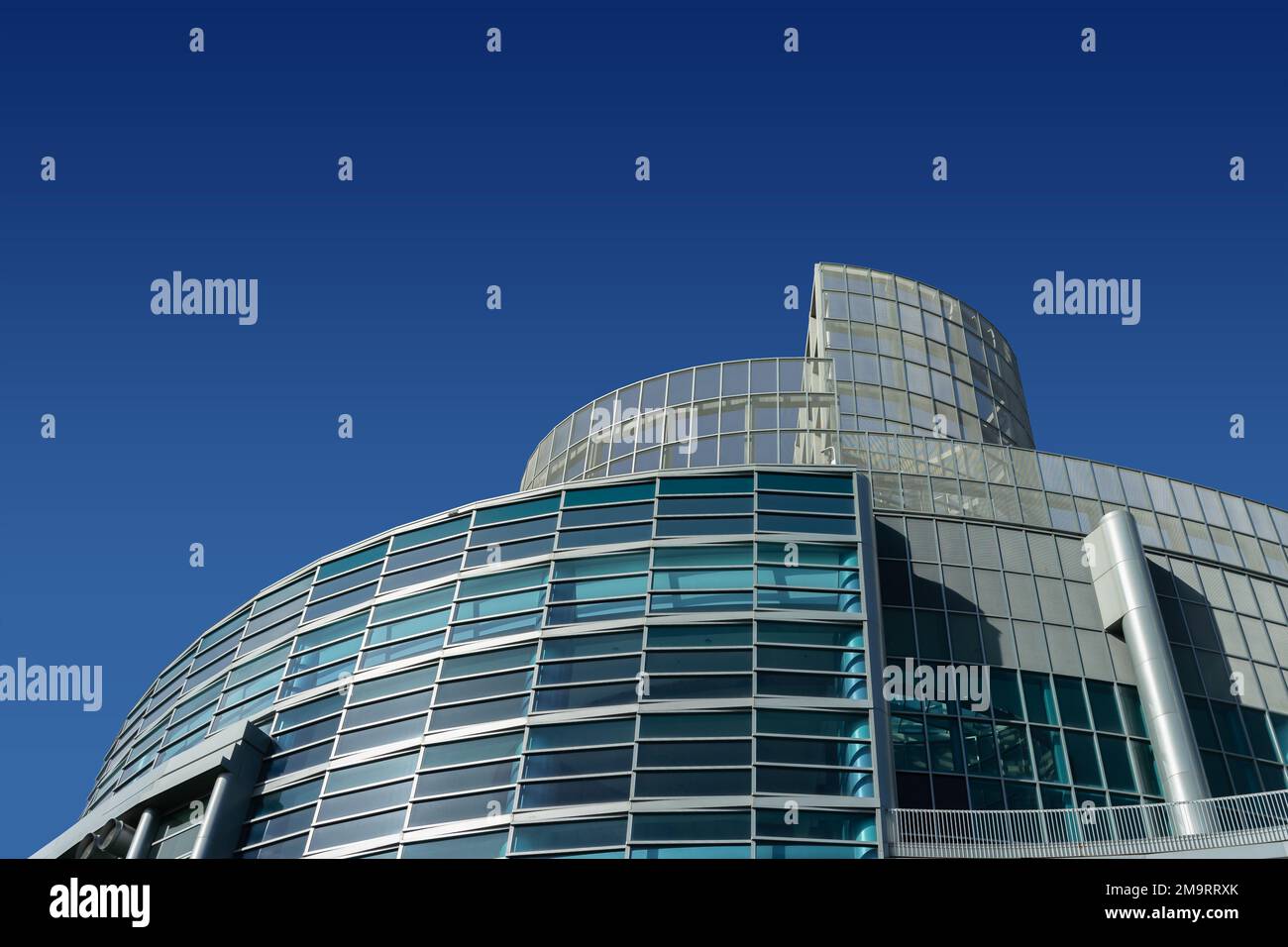 Anaheim, CA, USA – November 1, 2022: Low angle view of the top of the modern building of the Anaheim Convention Center in the Orange County City of An Stock Photo