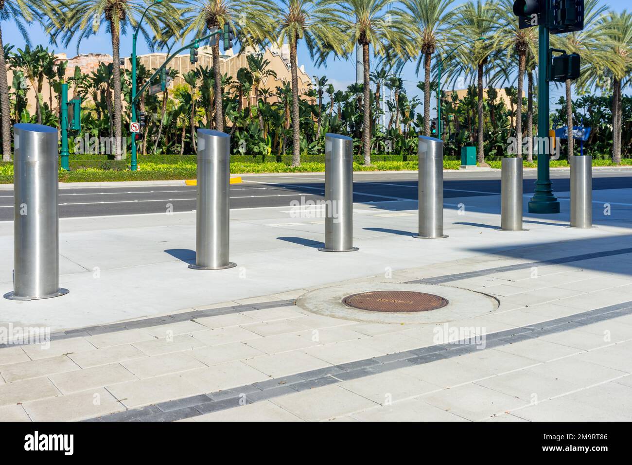 Anaheim, CA, USA – November 1, 2022: Metal sidewalk barriers on Katella Blvd in the Resort District in Anaheim, California. Stock Photo