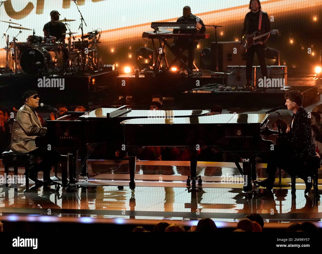 Stevie Wonder, left, and Charlie Puth perform a medley in tribute to