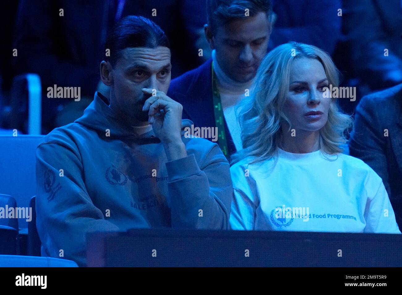 Swedish star soccer player Zlatan Ibrahimovic and his wife Helena Seger watch the singles final tennis match of the ATP World Tour Finals between Serbias Novak Djokovic and Norways Casper Ruud at