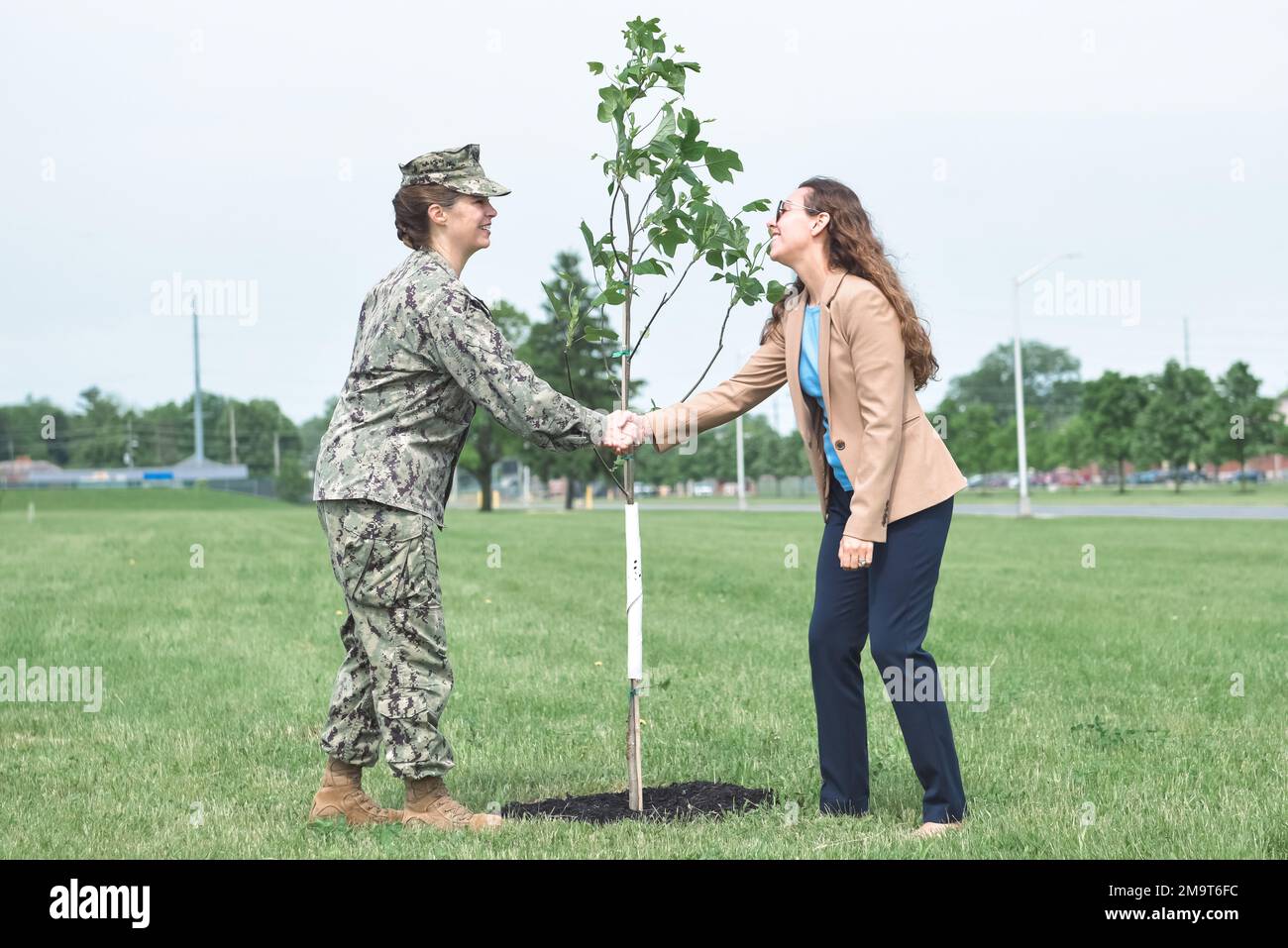 Defense Logistics Agency Land and Maritime Commander U.S. Navy Rear Adm. Kristen Fabry shakes Defense Supply Center Columbus Environmental Protection Division Chief Nicole Goicochea in front of the tulip tree Goicochea had planted in remembrance of the support Fabry has given to the Tree City USA program during her tenure here. Stock Photo