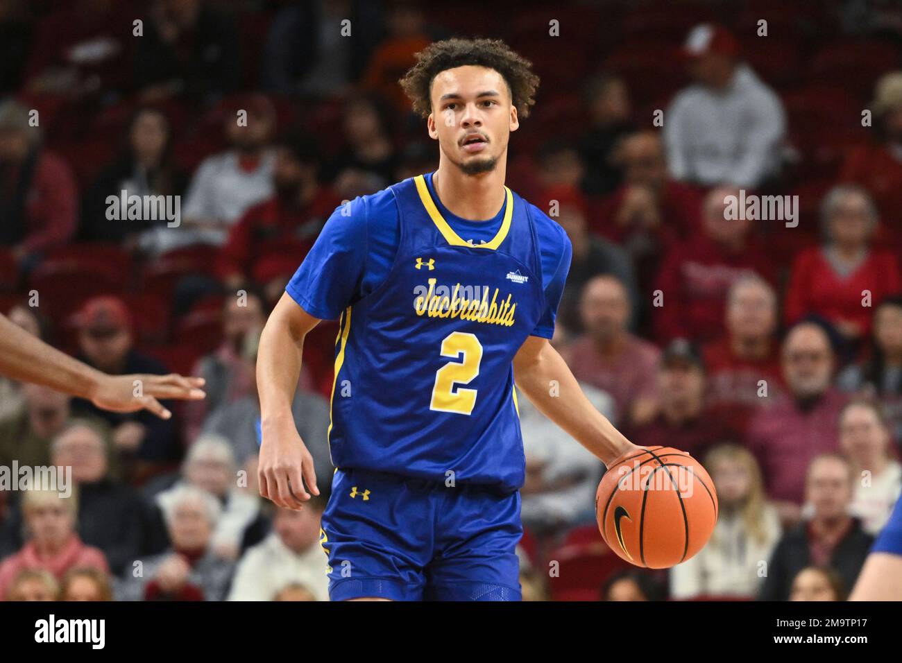 South Dakota State guard Zeke Mayo (2) against Arkansas during an NCAA